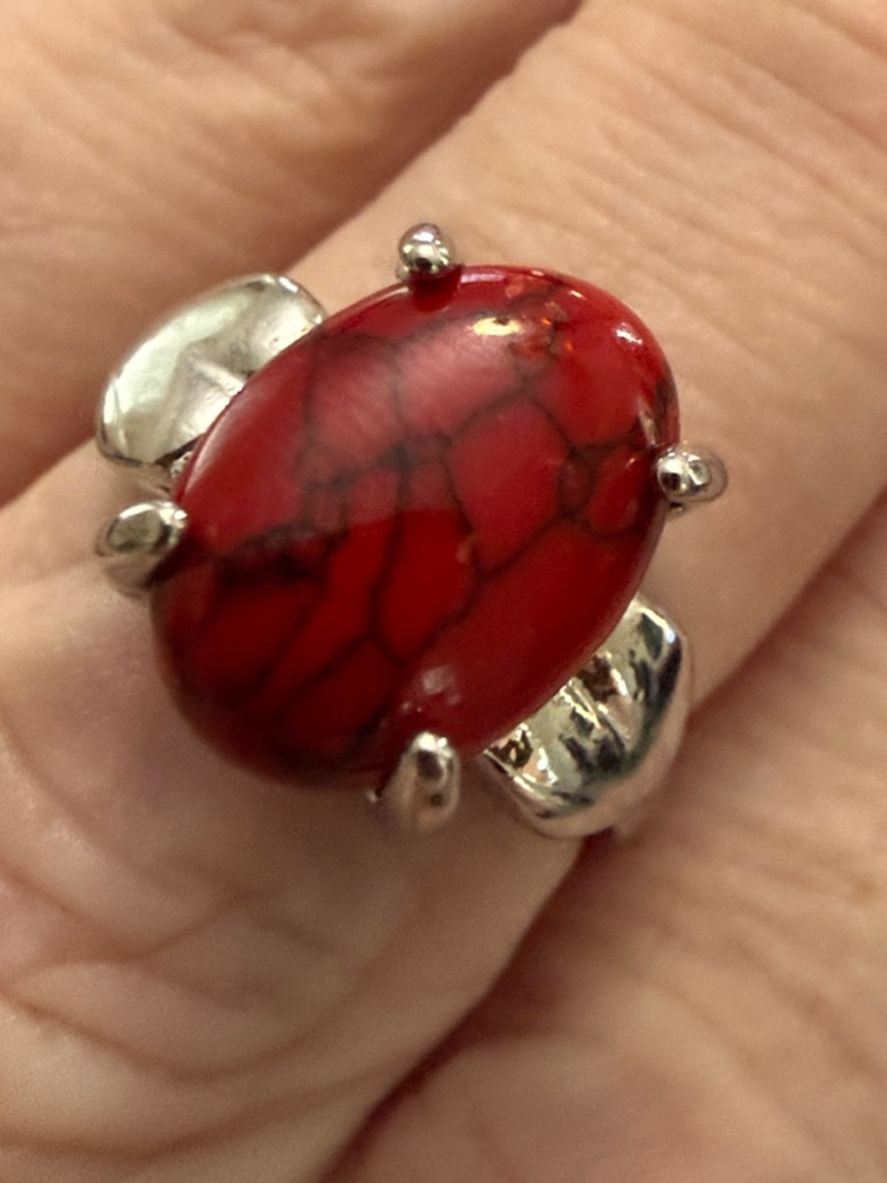 Red Cabochon Stone Silver Cocktail Ring - Hearts on sides Women Jewelry
